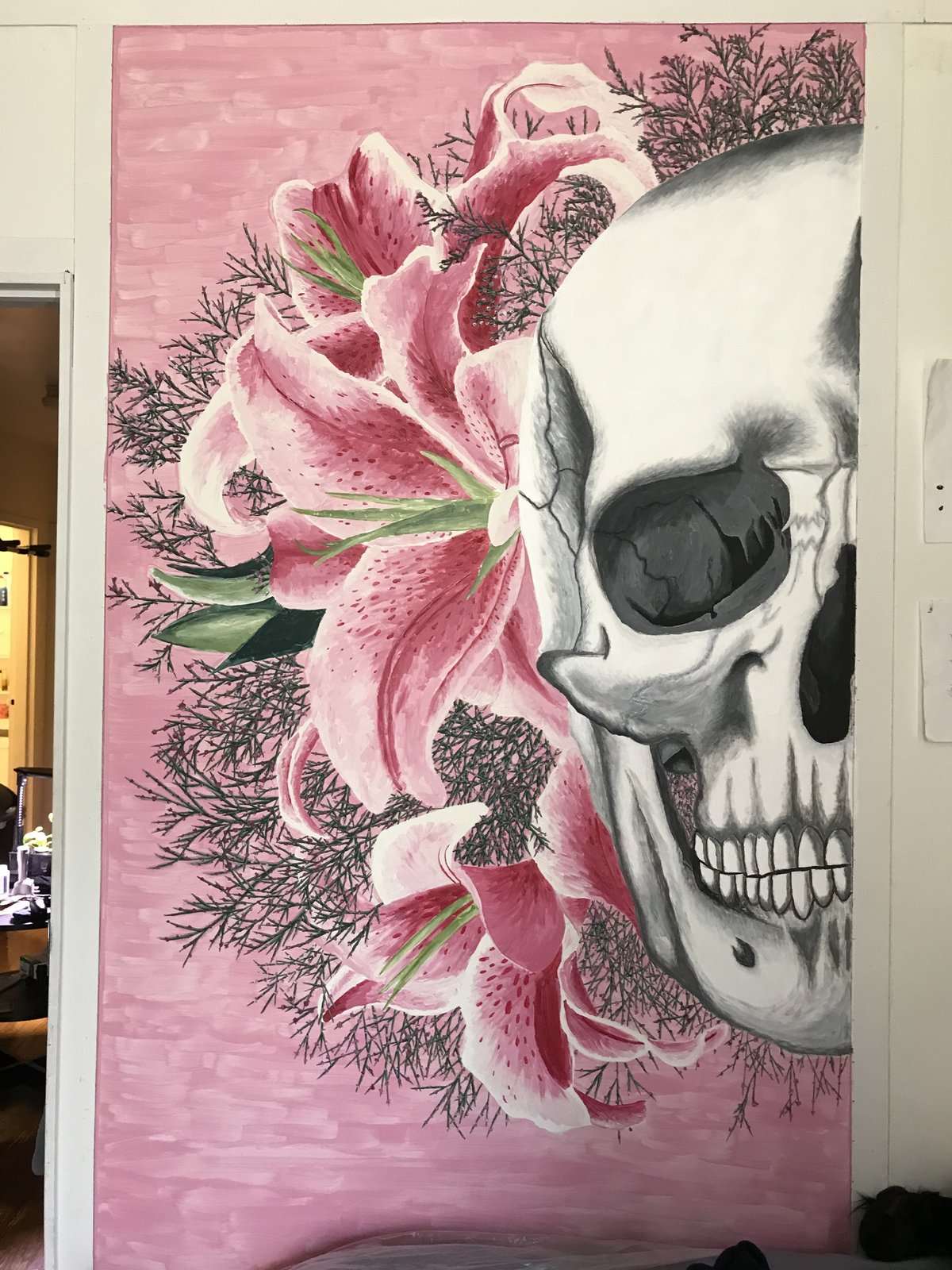 Artwork by Skyler Gallun &mdash; skull and lilies, view 1