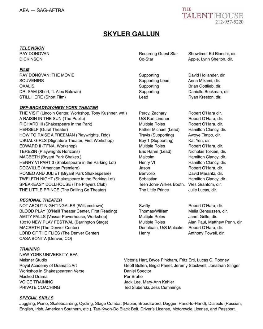 Skyler Gallun acting r&eacute;sum&eacute;